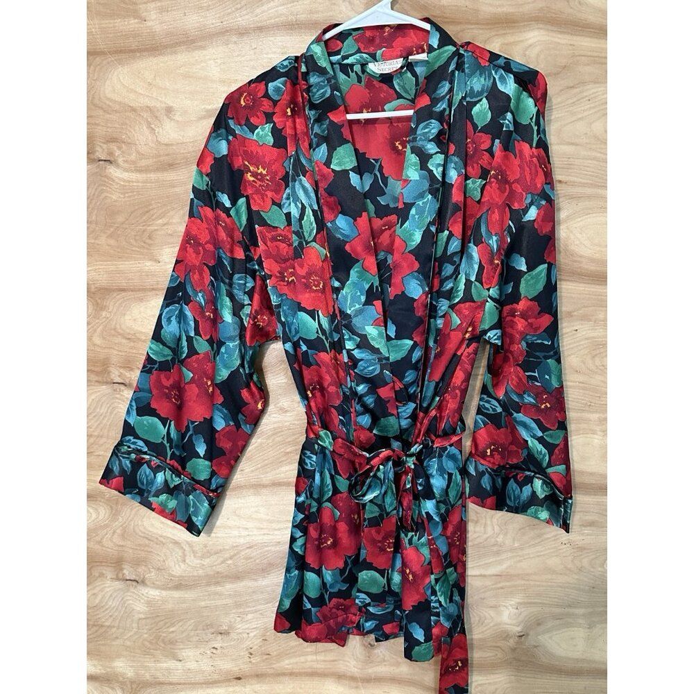 Vtg VICTORIA'S SECRET GOLD LABEL OS 3/4 Sleeve Belted Robe floral Pockets
